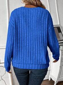EMERY ROSE Sudadera casual con cuello en V y tela de felpa de 12*4 con textura acanalada para tallas grandes - Azul - Ver 2