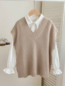 SHEIN Tween Girl Casual Loose Solid Color Oversized V-Neck Mid-Length Sweater Vest Sweater Vest For Girls Brown Sweater Vest For Girls,In Fall/Winter Girls Sweater Vest Kids Sweater Vest V Neck Sweater Vest Kids Teen Girl Sweater Vest - Khaki - View 2