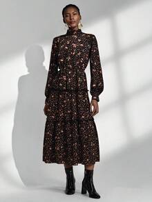 Chiquease 浪漫连衣裙，经典高领，复古优雅，长袖荷叶边花卉女士长裙，春秋季 - 黑色 - 查看 5