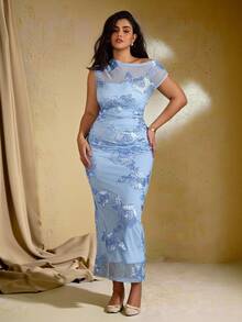 Roveilla Váy dự tiệc bodycon lưới họa tiết hoa vai lệch cỡ lớn, màu xanh lam - Màu xanh lam - Xem 3