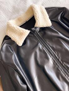 少女休闲个性仿皮夹克，羊毛领口和袖口，两侧斜插口袋，松紧下摆，适合上学、通勤、旅行，可搭配连帽衫、长袖、毛衣、运动裤 - 黑色 - 查看 3