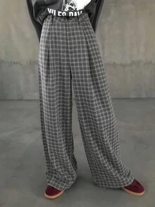 FRIFUL 女式灰色格子面料直筒百褶宽松休闲百搭长裤，秋季 - 黑色 - 查看 5