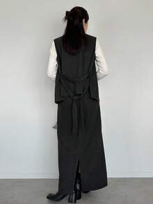 FRIFUL Damski szary top w jednolitym kolorze z paskiem w talii i długą spódnicą, elegancki dwuczęściowy garnitur, strój biznesowy na co dzień dla pań, jesień - Szary - Zobacz 5