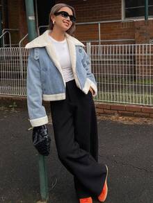 DAZY Women's Dropped Shoulder High Neck Zip-Up Casual Loose Padded Coat Winter Jacket - Blue - View 3