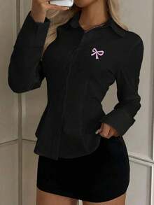 SHEIN EZwear 蝴蝶結印花女款休閒收腰長袖襯衫，適合秋冬穿著 - 黑色 - 查看 4