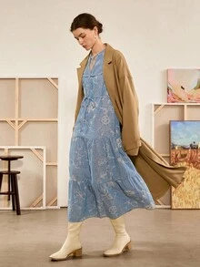 Florisole 女式波西米亚刺绣印花系腰超长 A 字连衣裙，蓝色，春秋季 - 淺藍色 - 查看 3