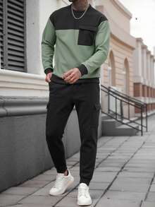 Manfinity Homme Conjunto de sudadera y pantalón de chándal con parches de color contrastante para hombre, ropa de otoño - Multicolor - Ver 4