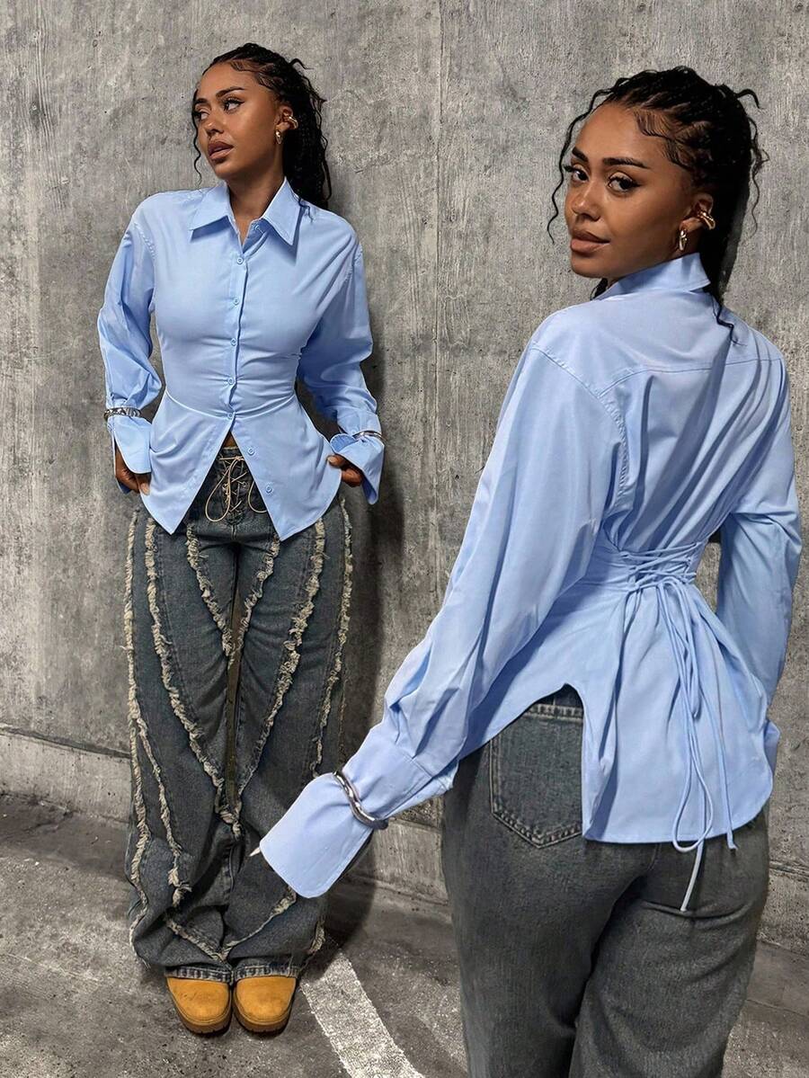 StreetHx 女式蓝色束腰 Y2K Baddie 街头服饰 2000 年代风格休闲通勤返校长袖衬衫 - 藍色 - 查看 1