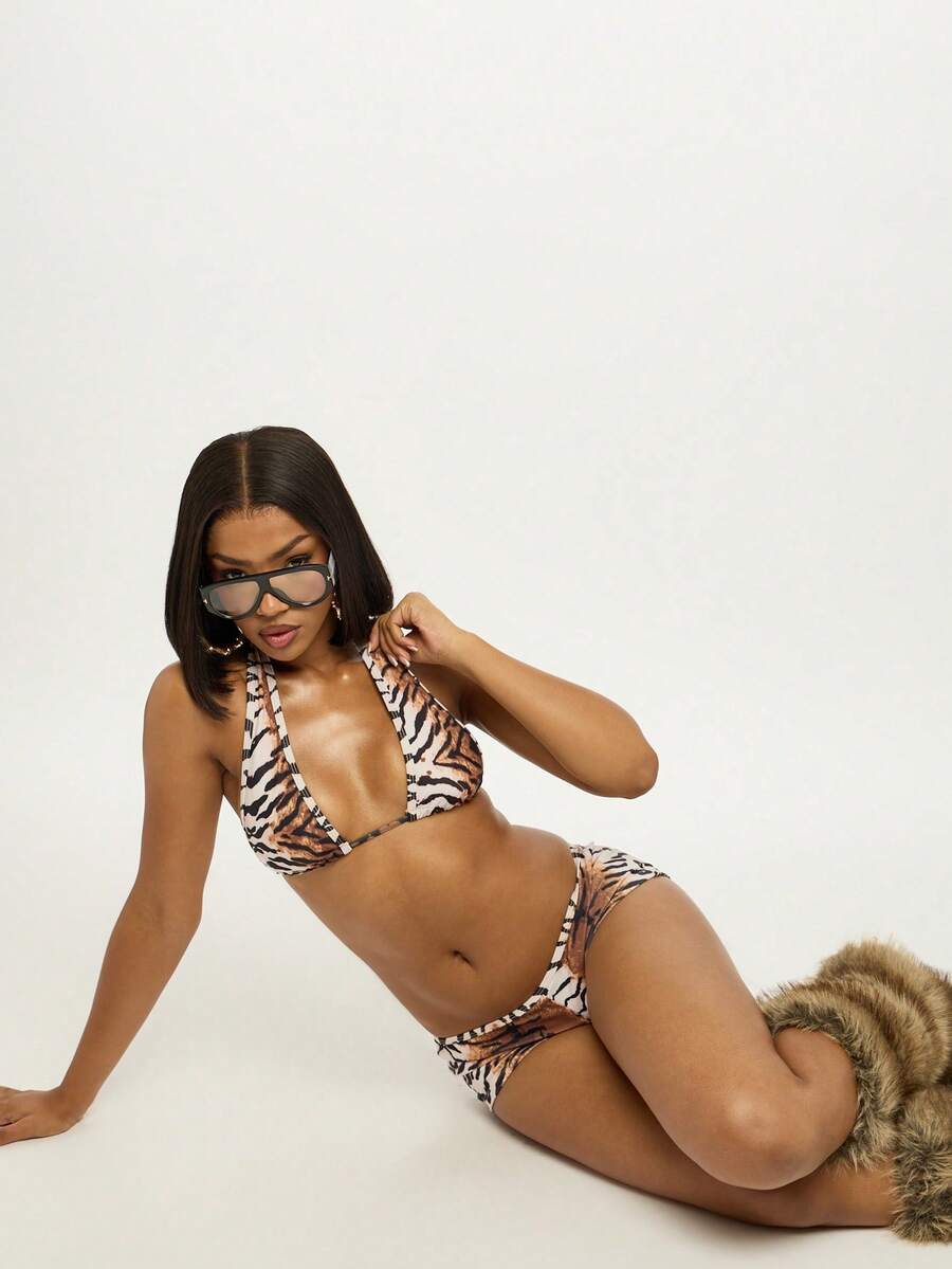 SUMWON WOMEN Bộ bikini ngắn hai mảnh họa tiết động vật họa tiết hổ chân cao đi biển dự tiệc nghỉ dưỡng lễ hội mùa hè - Nhiều màu - Xem 1