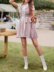 LanaWest Oktoberfest Sleeveless Sweetheart Neck Contrast Color Patchwork A-Line Tie Waist Bowknot Elegant Romantic Chic Women Mini Dress, Dirndl