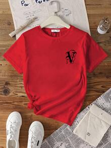 The Vampire Diaries X SHEIN Áo thun nữ cổ tròn tay ngắn dáng rộng thoải mái, màu đỏ, thích hợp cho mùa hè - Đỏ - Xem 2