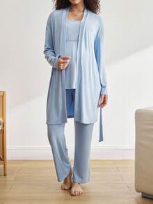 Moonlight&Mama BloomMama纯色针织开衫、吊带背心和休闲裤三件套孕妇睡衣套装，产后居家服，浅蓝色孕妇睡衣套装，舒适优雅，秋冬服装 - 藍色 - 查看 2