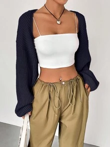 Flirla Women's Solid Color Drop Shoulder Long Sleeve Cropped Casual Cardigan, Autumn - Navy Blue - View 3