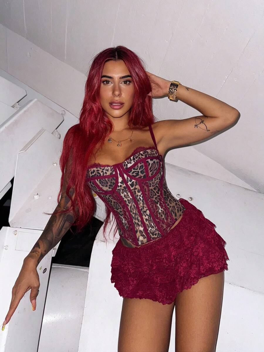 Bearsaez Women's Leopard Print Lace Patchwork Sexy Camisole Top, Versatile For Going Out, Date Night, Theme Parties, Raves, Corset Top, Concert , Rave Top - Burgundy - View 1