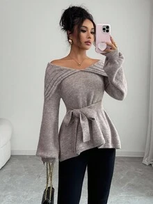 Elenzga Women's Fashion Casual Lantern Sleeve Sweater With Oversized Collar And Tie Waist, Suitable For Christmas, New Year, Thanksgiving Gifts, Autumn/Winter