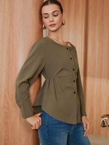 Almamuse 1 Stück Modisches einfarbiges Damen-Hemd mit Knopfleiste und Falten