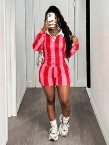 BamGleam 2 Stücke/Set Damen Lässig Farbblock gestreiftes Crop Top und Shorts Set - Verschiedenfarbig - Übersicht 3