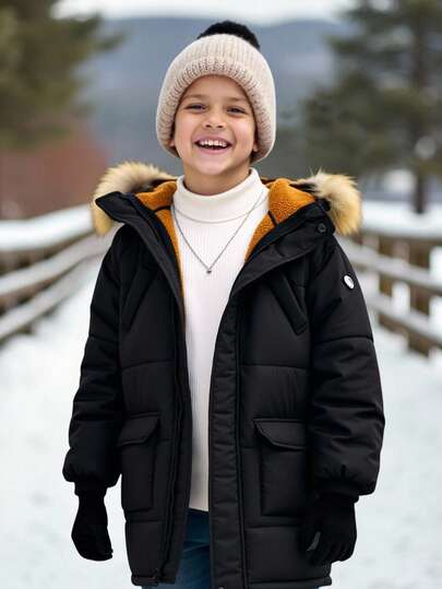 SHEIN Kids/Tween Boys' Casual Thick Hooded Zip-Up Black Woven Winter Coat Parka With Pockets, Suitable For School, Garden, Beach, Birthday, Spring, Summer, Autumn, Winter Boys Boy Kids Boys Kids Boy Teen Boys Fall