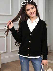 SHEIN 孩童女v領釦前羊毛衫 - 黑色 - 查看 5