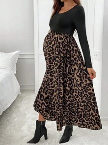 SHEIN Maternity Round Neck Long Sleeve Patchwork Leopard Hem Casual Fashionable Dress Long Sleeve Midi Dress Maternity Dress Leopard Print Dress Cheetah Print Dress Animal Print Dress - Multicolor - View 4