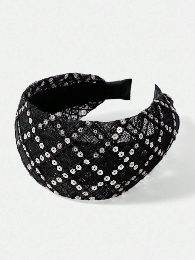 BLACK MESH SEQUIN WIDE HEADBAND