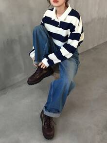 FRIFUL Women's Loose Fit Round Neck Drop Shoulder Long Sleeve Striped Casual T-Shirt, Versatile For Autumn/Winter