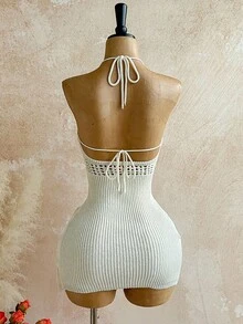 Soleia Soleia Women's Holiday V-Neck Hollow Out Wooden Bead Fitted Knit Dress With Tassel Hem, Spaghetti Strap Tie Back Knit Maxi Dress For Vacation, Date, Afternoon Tea, Party, Beach, Cruise, Island, Road Trip, Wedding, Music Festival, Boho Vacation, Beach Outfit, Can Be Worn Inside Or Outside