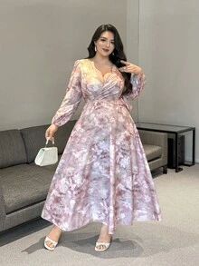 Flirla 大码交叉裹身灯笼袖印花长袖优雅连衣裙 - 彩色 - 查看 4