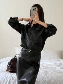 DAZY Conjunto de 2 piezas elegante de chaqueta de manga larga de un solo botonadura de unicolor y falda midi para mujer - Negro - Ver 6