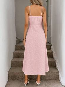 Easowa Ruched Neckline Tie Cinched Waist A-Line High Slit Spring/Summer Light Yellow Spaghetti Strap Midi Dress, Textured Jacquard Fabric, Casual Vacation Elegant Streetwear Pink Dress Maxi Dress Summer Dress Casual Long Dress Vacation Dress