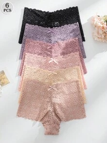 Snug Zone 6件套女士无缝性感蕾丝内裤，花卉和蝴蝶结设计三角裤 - 彩色 - 查看 2