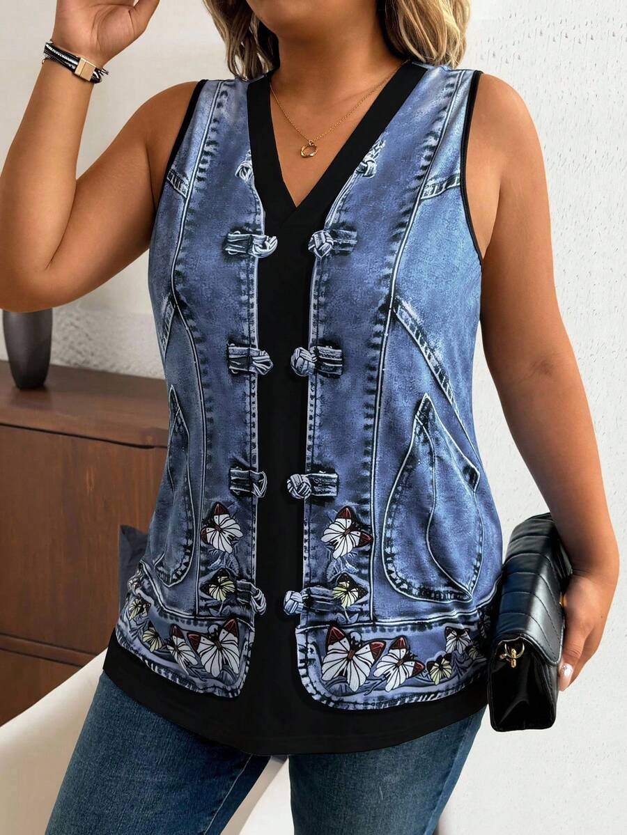 EMERY ROSE 大码女式 V 领无袖仿牛仔 3D 花卉印花休闲背心，适合休闲和度假 - 黑色 - 查看 1