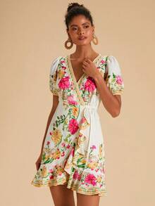 Travachic Robe courte d'été bohème à imprimé floral, col cache-cœur, manches bouffantes, volants et nœud sur le côté