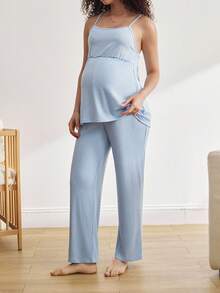 Moonlight&Mama BloomMama纯色针织开衫、吊带背心和休闲裤三件套孕妇睡衣套装，产后居家服，浅蓝色孕妇睡衣套装，舒适优雅，秋冬服装 - 藍色 - 查看 5