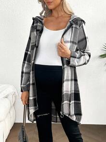 SHEIN Plaid Print Raglan Sleeve Front Zipper Hooded Maternity Jacket For Women - Multicolor - View 6