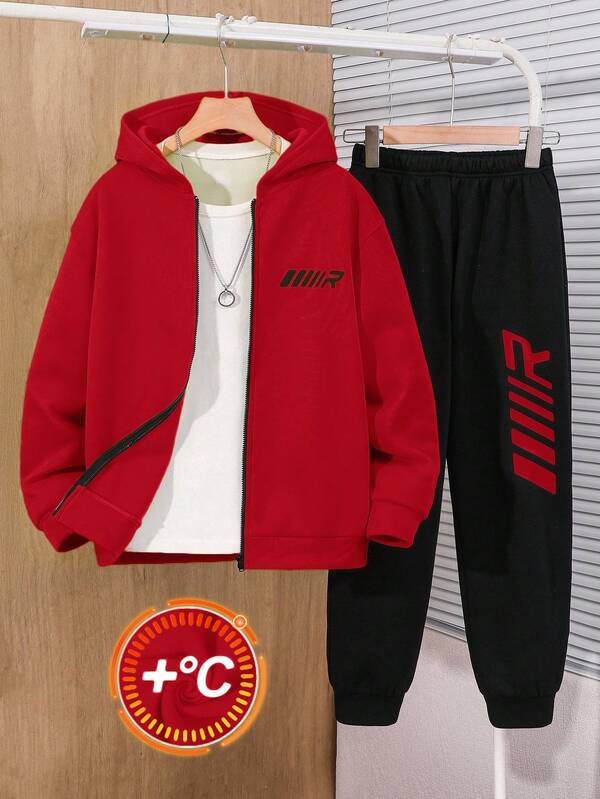 SHEIN Tween Boy Fluorescent Green Hoodie Sweatshirt And Black Loose Fit Letter Graphic Pants 2 Pieces Casual Sportswear Set, Suitable For Outdoor, School Fall Winter