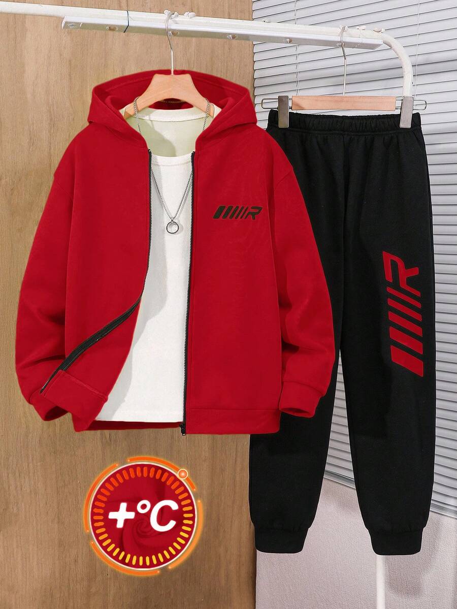 SHEIN Tween Boy Fluorescent Green Hoodie Sweatshirt And Black Loose Fit Letter Graphic Pants 2 Pieces Casual Sportswear Set, Suitable For Outdoor, School Fall Winter