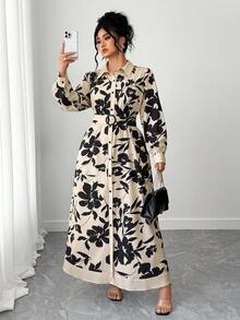 Elenzga Plus Size Women Long Sleeve Shirt Collar Dress - Multicolor - View 6