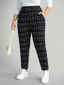 Comfylo 大码女式格子休闲裤，带口袋和侧开衩，适合度假、新年、冬季、商务、秋季和返校季 - 黑色 - 查看 9