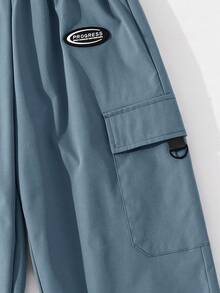 SHEIN Tween 男童休闲运动图案印花口袋宽松抽绳工装裤，适合通勤、上学、日常休闲、旅行、运动、春夏秋冬