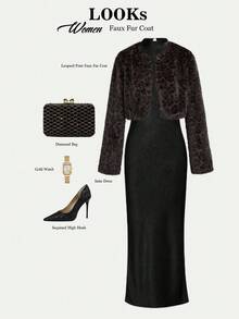 Ellevyn 女式圆领长袖前开襟豹纹棕色优雅休闲外套短款仿皮草夹克，秋冬 - 彩色 - 查看 1