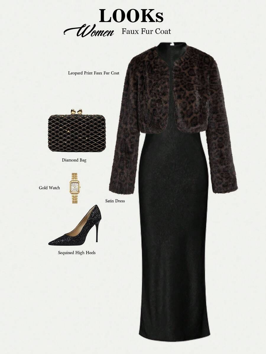 Ellevyn 女式圆领长袖前开襟豹纹棕色优雅休闲外套短款仿皮草夹克，秋冬 - 彩色 - 查看 1