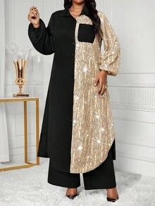 SHEIN Lady Áo sơ mi dệt cổ trụ màu xanh navy, giản dị, thanh lịch, công sở, tay dài, túi hộp, dài tay, cỡ lớn, mùa thu đông - Nhiều màu - Xem 3