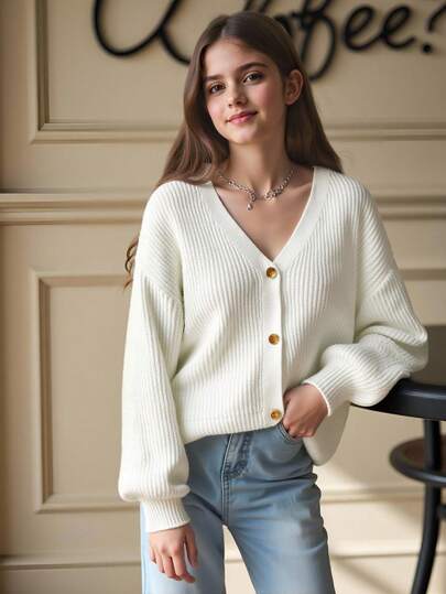 SHEIN Tween Girl Casual Minimalist V-Neck Drop Shoulder Long Sleeve Cardigan