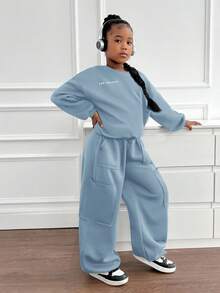SHEIN Tween Girls Loose Casual Versatile Reflective Print Pullover Hoodie And Drawstring Hem Sweatpants Set Blue Two Piece Set Girl Co Ord Sets Casual Two Piece Set Fall Winter - Baby Blue - View 6