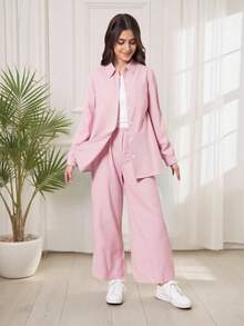 2pcs/Set Teen Girl Striped Loose Shirt And Straight Leg Pants Casual Suit