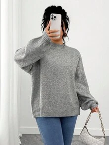 SHEIN Tall CURVE Plus Size Casual Drop Shoulder Crew Neck Long Sleeve Sweater Winter Fall Autumn - Grey - View 3
