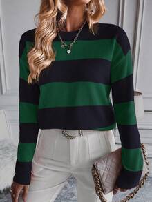 EMERY ROSE Áo len dài tay cổ tròn kẻ sọc dáng rộng thoải mái cho nữ, mùa thu/đông - Nhiều màu - Xem 4