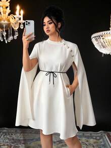 SHEIN Elenzya Plus Size Women Solid Color Stand Collar Poncho Style Hollow Out Elegant Dress - Apricot - View 4