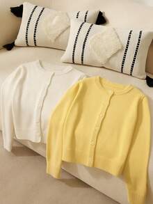 Maija 女士优雅纯黄色圆领前扣长袖简约时尚百搭毛衣上衣，适合圣诞节、休闲、商务、日常穿着，秋冬季奶油黄色上衣 - 黃色 - 查看 2